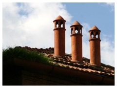 Comignoli e prato sui tetti delle case a Garbatella