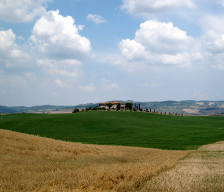 Il contrasto giallo verde sulla campagna della Val d'Orcia