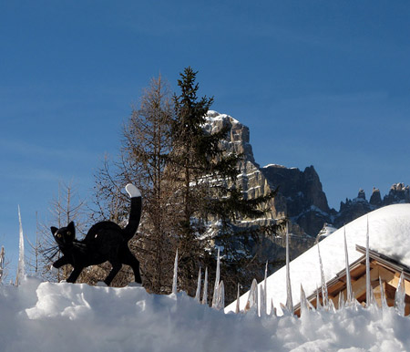 Un gatto delle nevi si aggira per la Val Badia